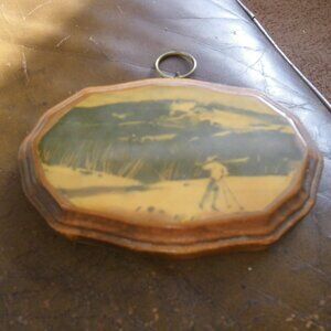 Vintage Antique Small Wooden Wall Hanging Cross Country Skiing Landscape